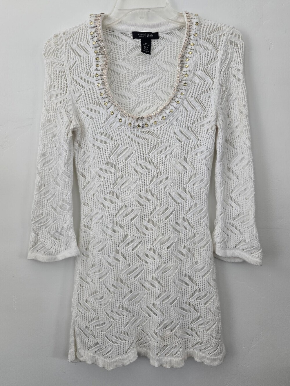 White House Black Market White Embellished Crochet Knit  Sweater Tunic Top. XS.